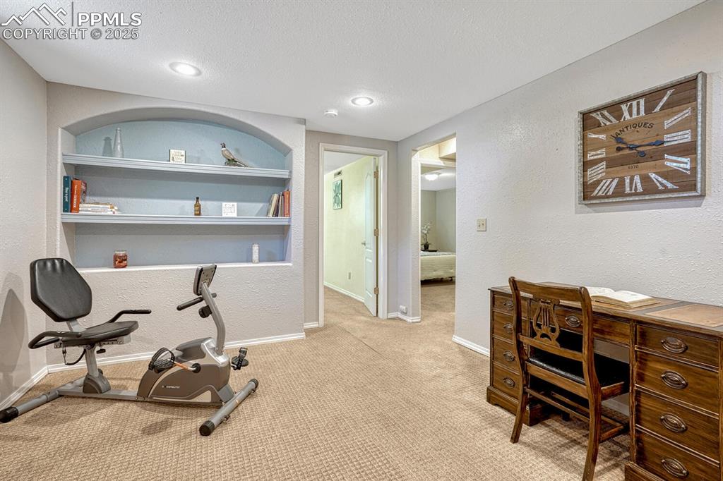 Image 23 of 38: Carpeted office space featuring built in features, a textured wall, and a t