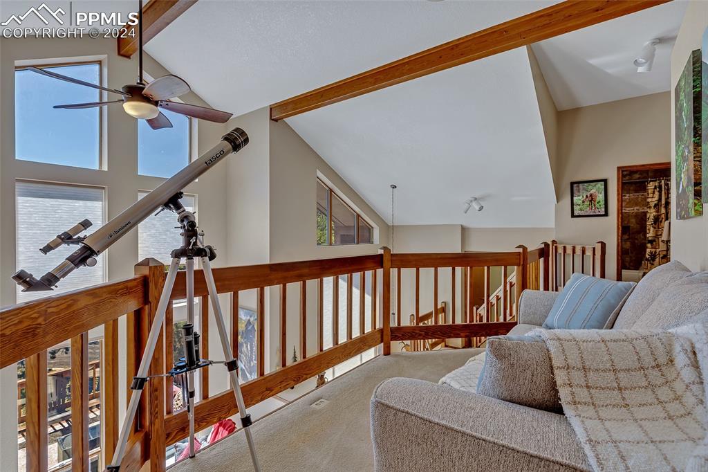 Image 18 of 40: Upper Sitting Area, Carpeted, High Ceiling,