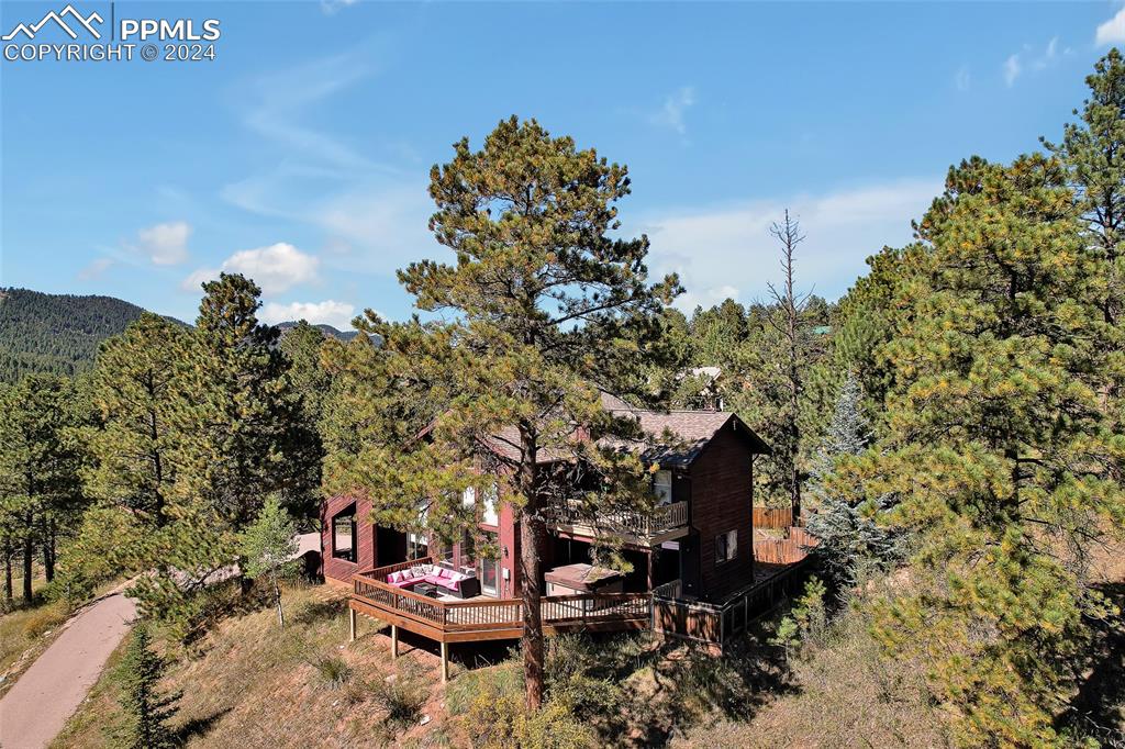 Image 33 of 40: Aerial View, Driveway, Pine Trees,