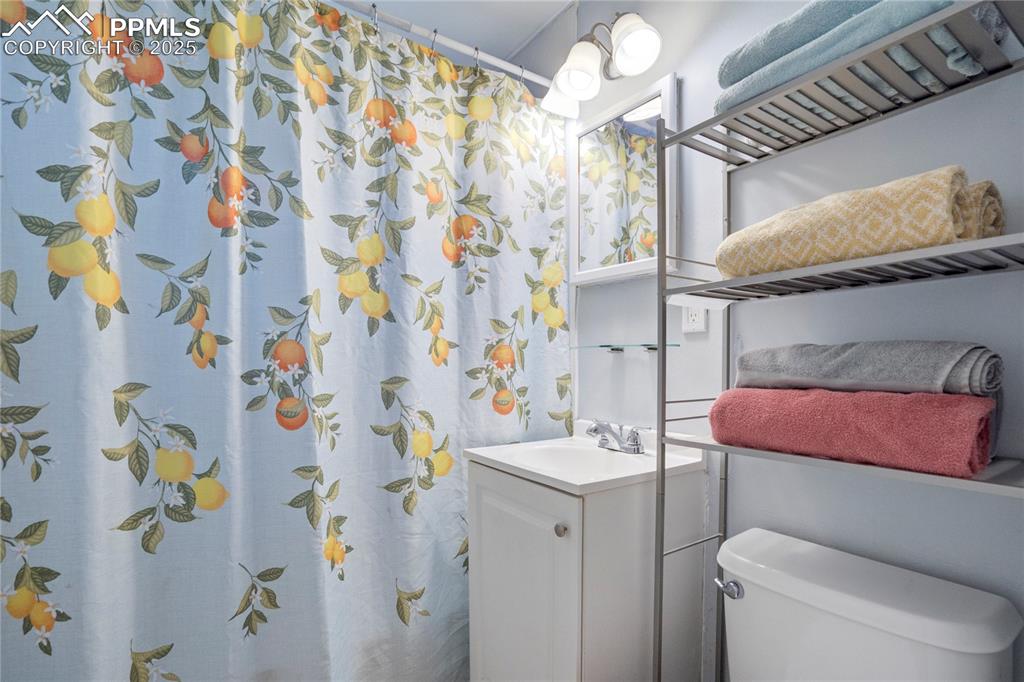 Image 14 of 28: Full bathroom with vanity and a shower with shower curtain