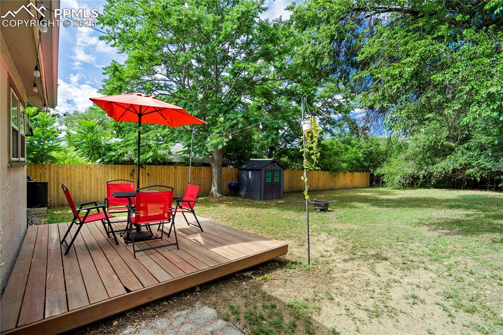 Image 24 of 28: Deck with a storage unit, outdoor dining space, a fenced backyard, and view