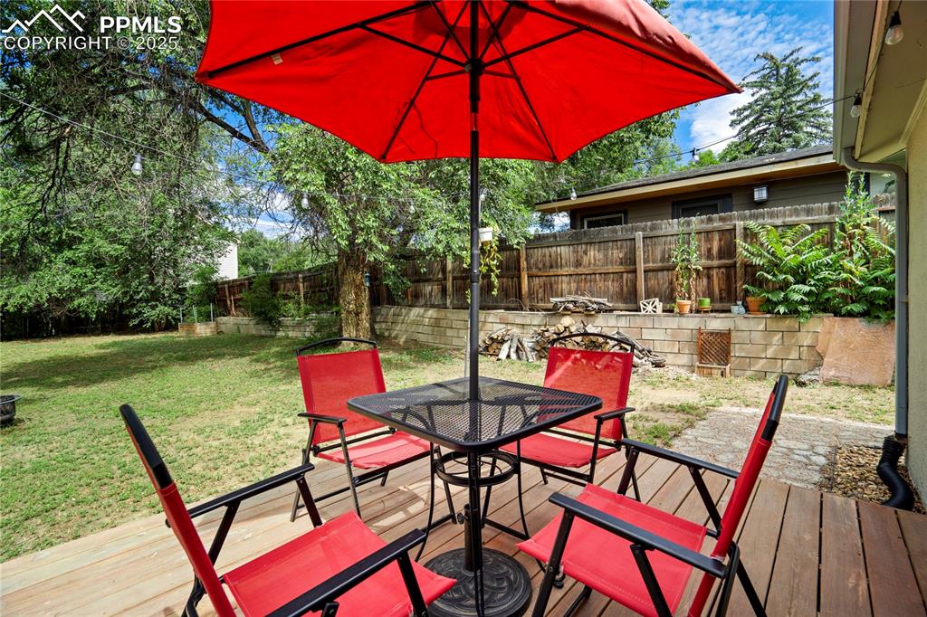 Image 25 of 28: Wooden terrace with outdoor dining space and a fenced backyard