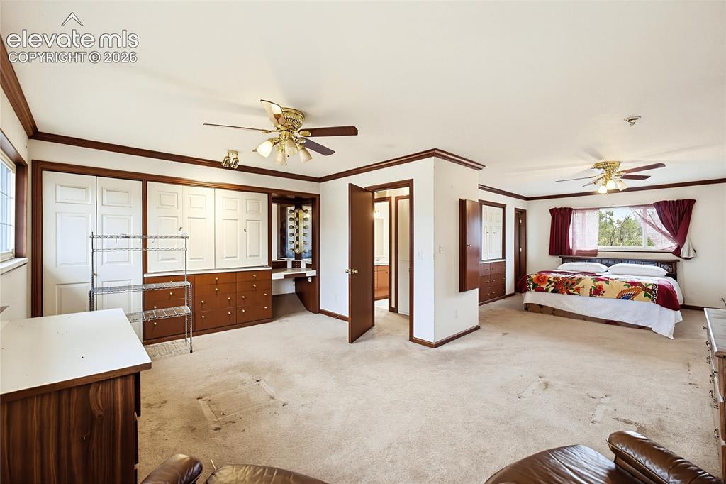 Image 13 of 45: Expansive room featuring multiple windows, two ceiling fans, built-in cabin
