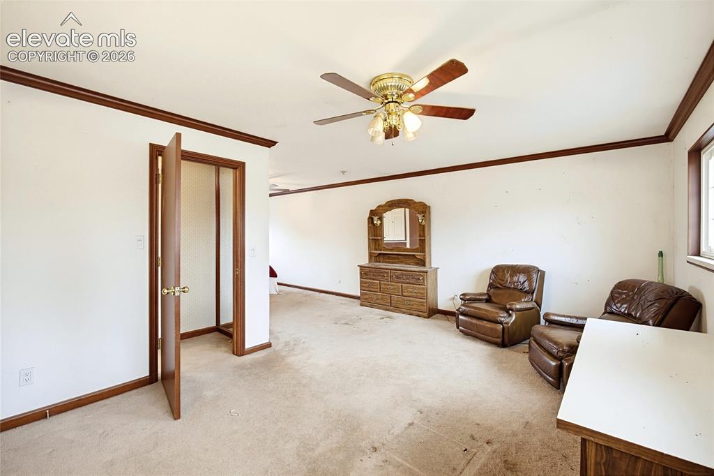 Image 14 of 45: Spacious interior room with carpet flooring, crown molding, and a ceiling f