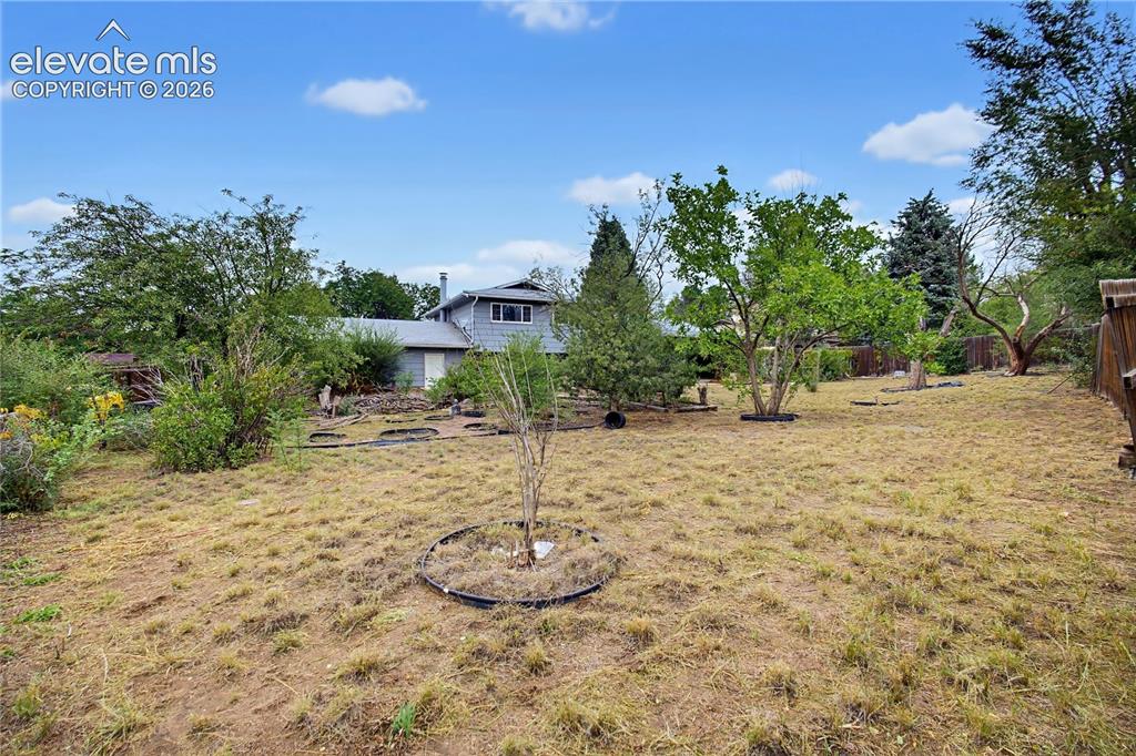 Image 3 of 45: Expansive rear yard featuring a sloped grade, established trees, and perime