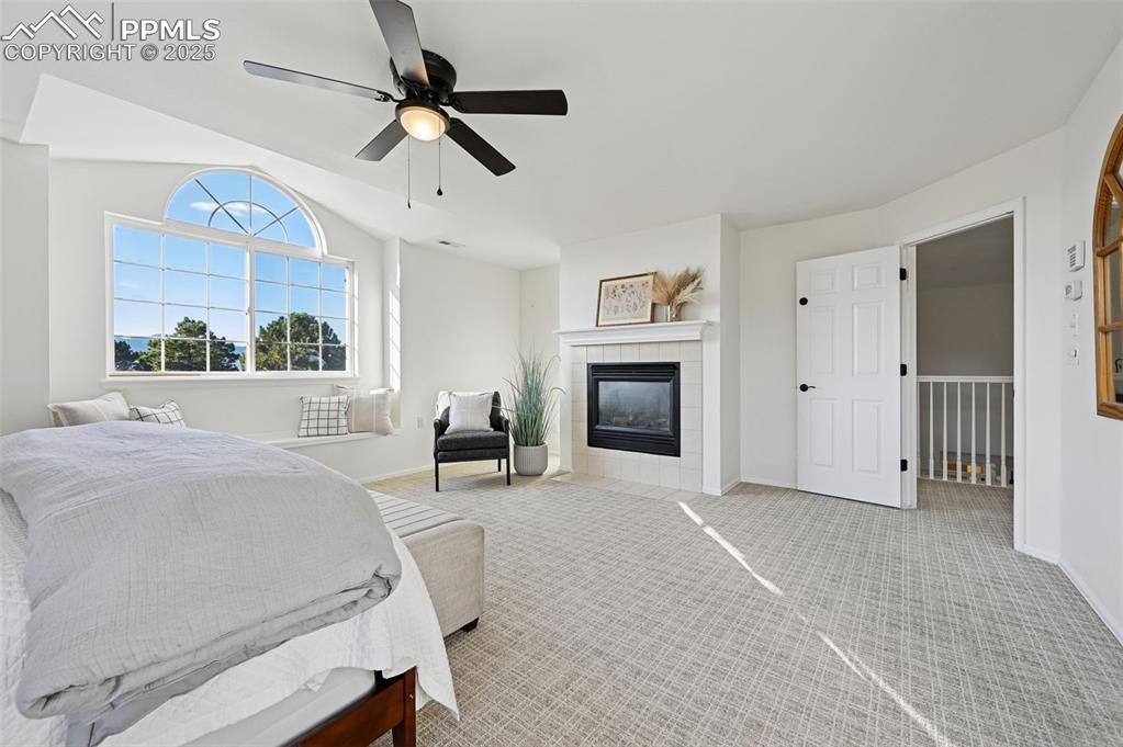 Image 33 of 50: Fireplace in primary bedroom