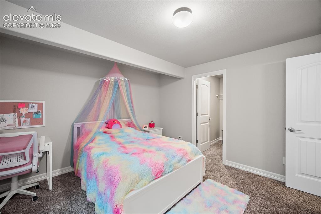 Image 26 of 49: Bedroom featuring light gray walls, textured carpet flooring, and white tri