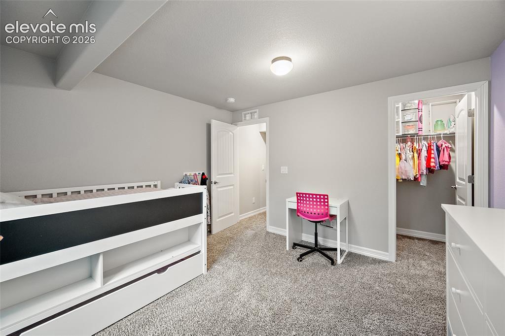 Image 29 of 49: Plush gray carpeting throughout, featuring light gray walls, white baseboar