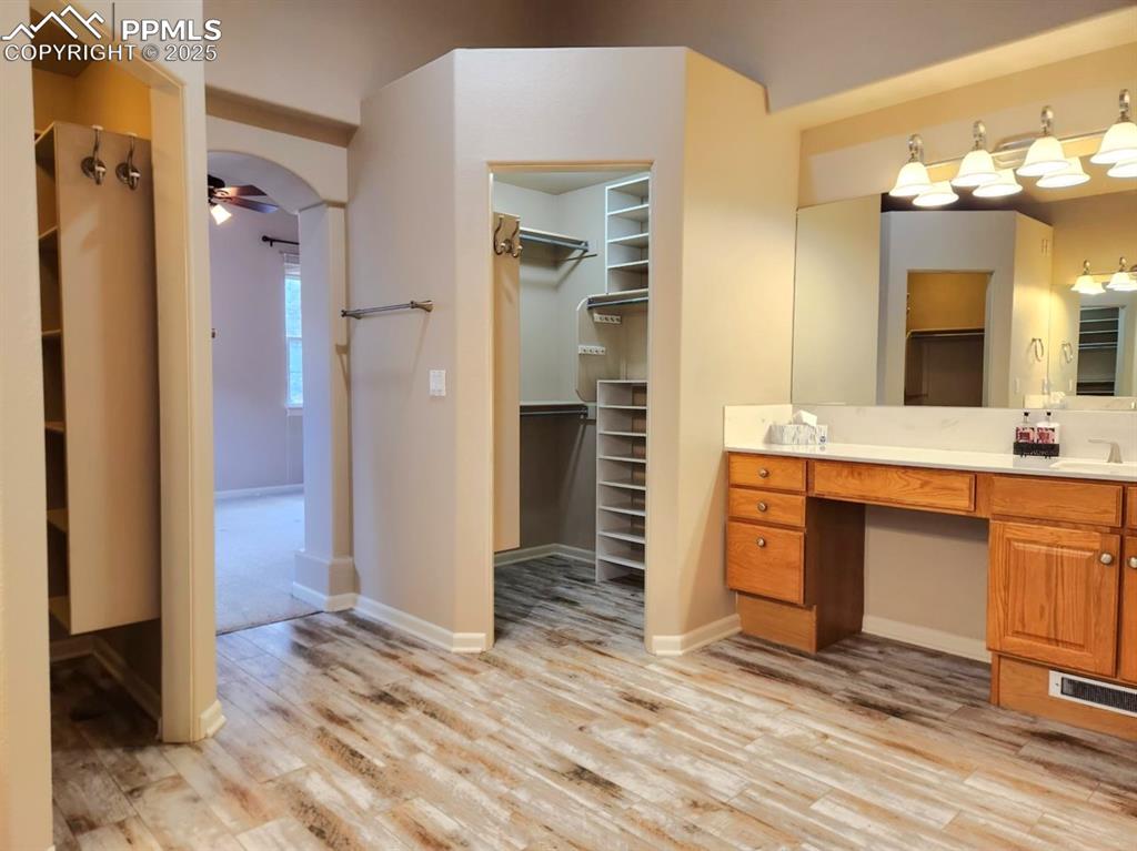 Image 16 of 34: Bathroom with wood finished floors, a walk in closet, vanity, and a ceiling