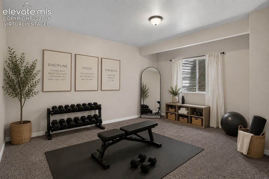 Image 41 of 50: Virtually Staged - Carpeted room with a ceiling-mounted light fixture, wind