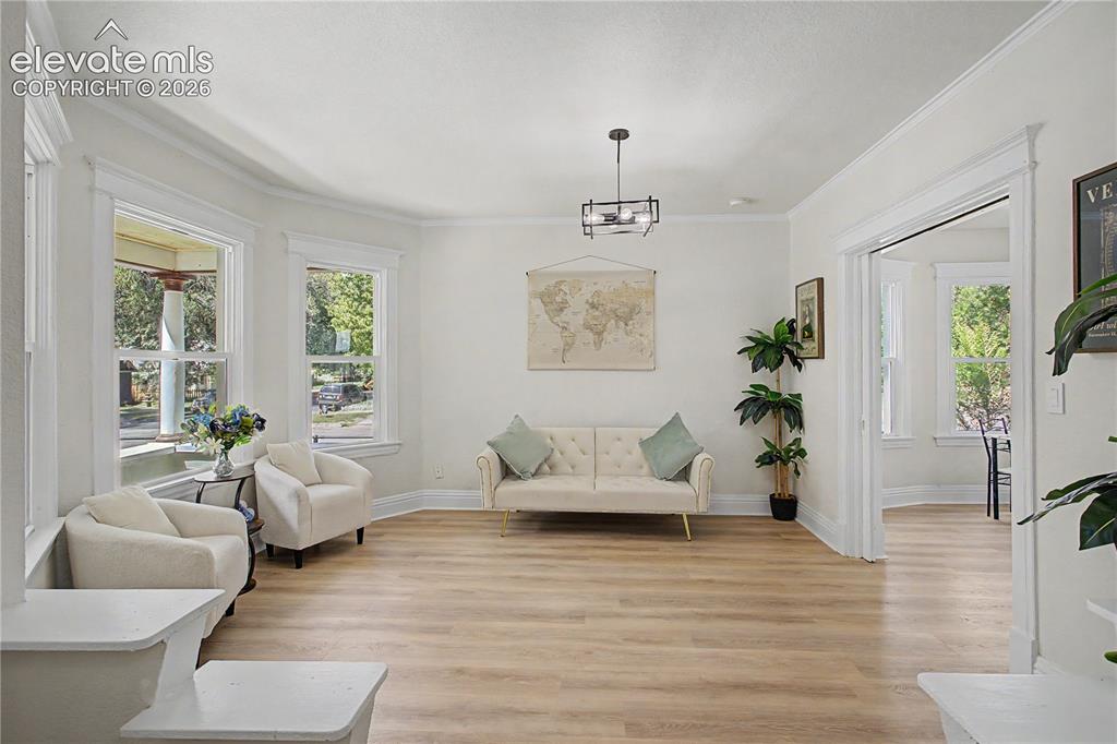 Image 5 of 35: Wood-finish flooring, white walls, multiple windows with white trim, and a