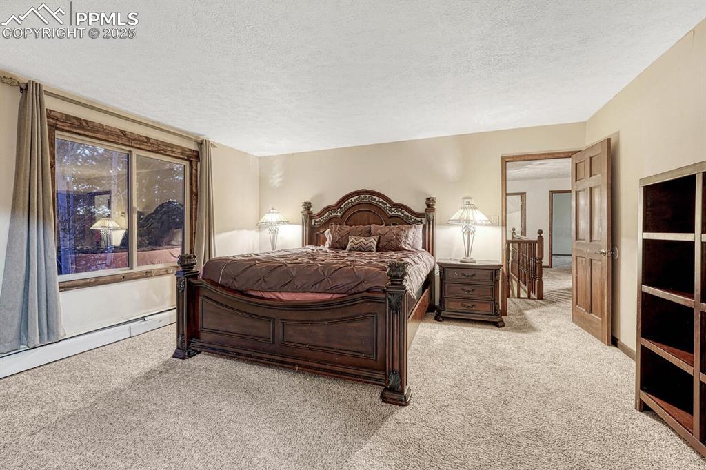 Image 19 of 47: Carpeted bedroom featuring baseboard heating and a textured ceiling
