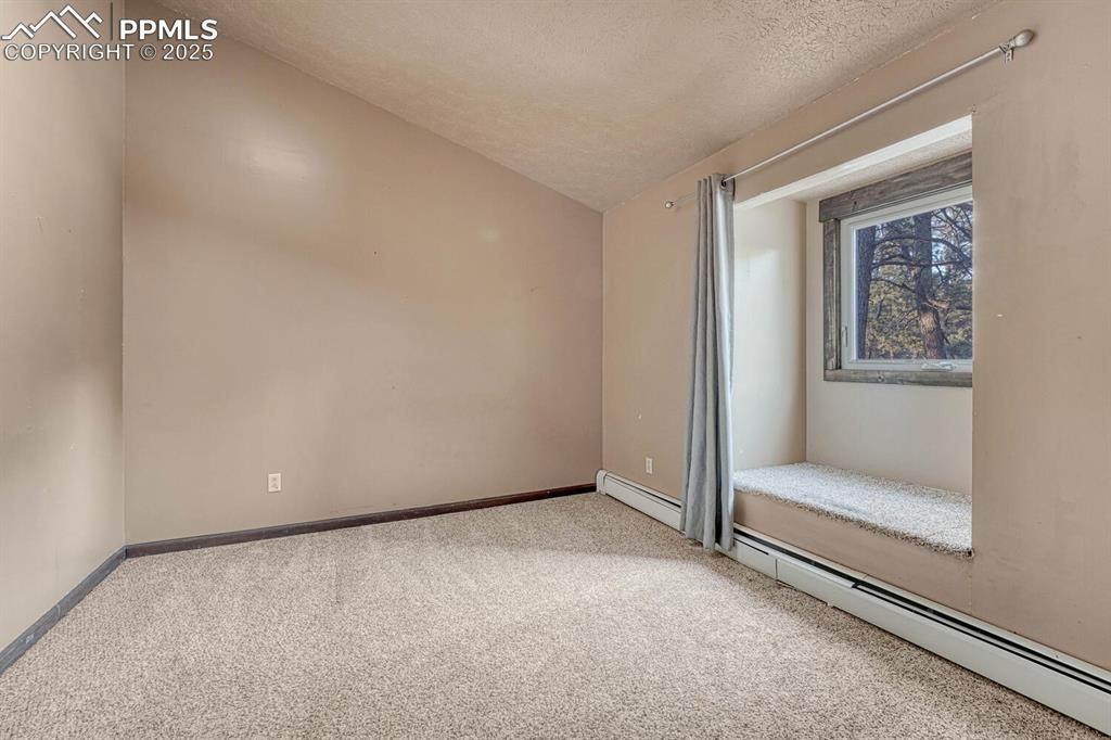 Image 23 of 47: Unfurnished room featuring carpet, vaulted ceiling, a baseboard radiator, a