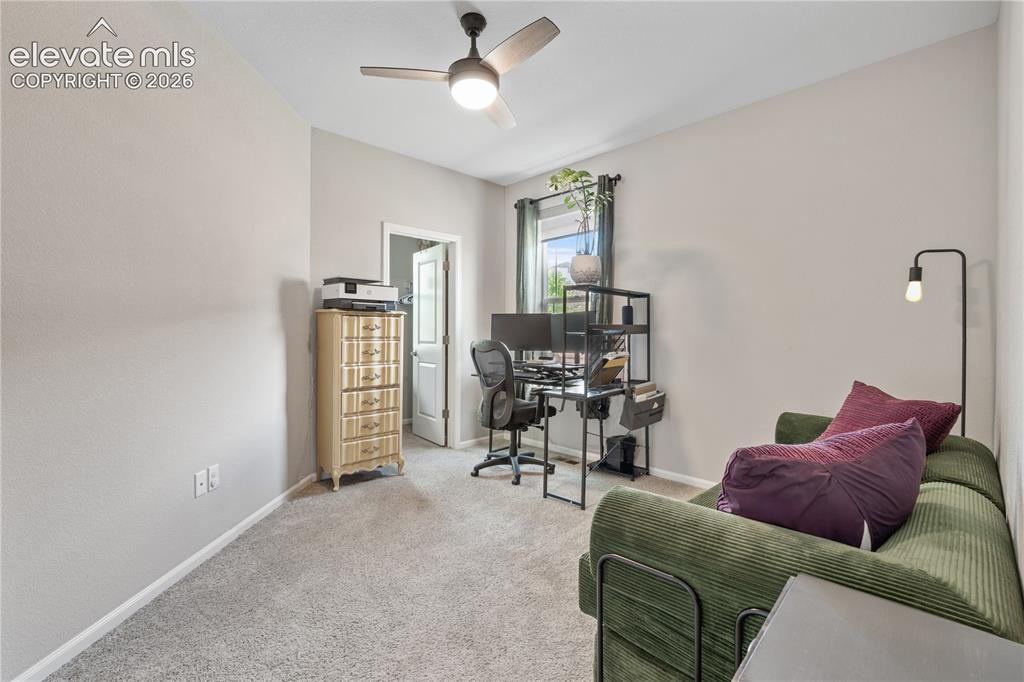 Image 24 of 38: Carpeted room with a ceiling fan light fixture, light gray walls, and white