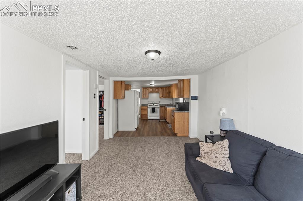 Image 10 of 26: Living room featuring dark carpet and a textured ceiling