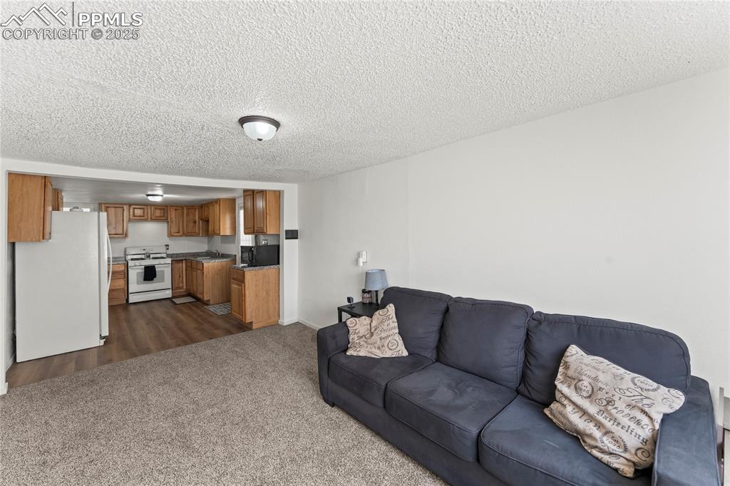 Image 11 of 26: Living room featuring dark carpet and a textured ceiling
