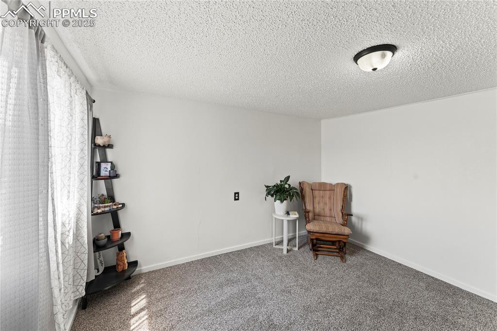 Image 6 of 26: Living area with a textured ceiling and carpet