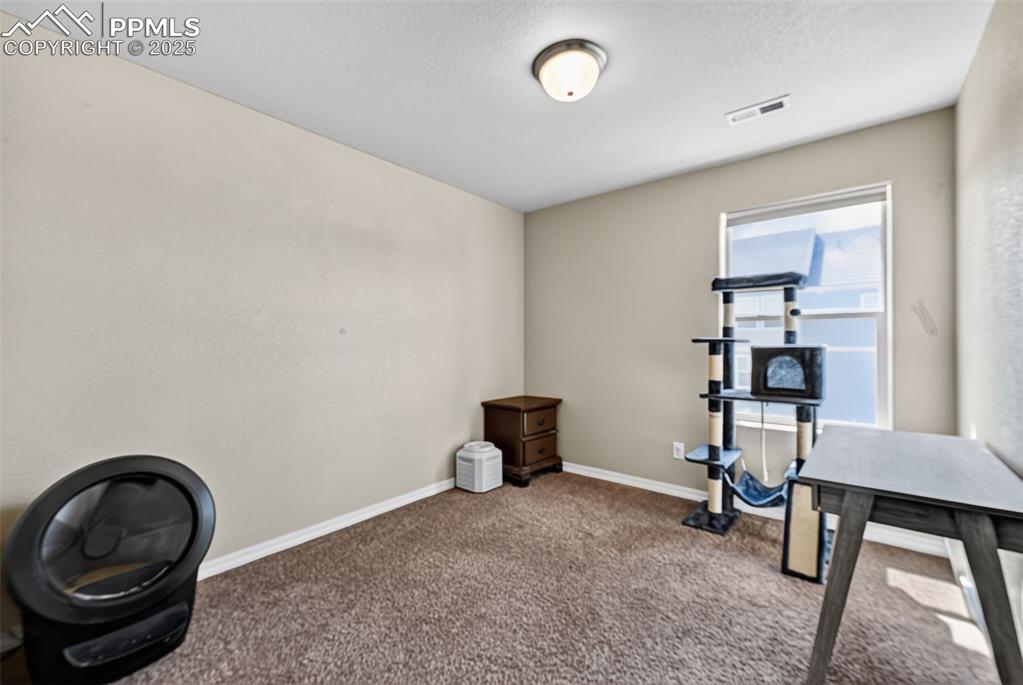 Image 32 of 33: Carpeted office space with a textured ceiling
