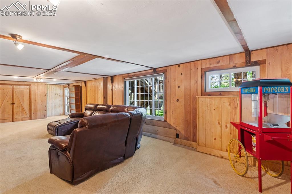 Image 40 of 50: Basement living area featuring carpet, wood walls, and beam ceiling