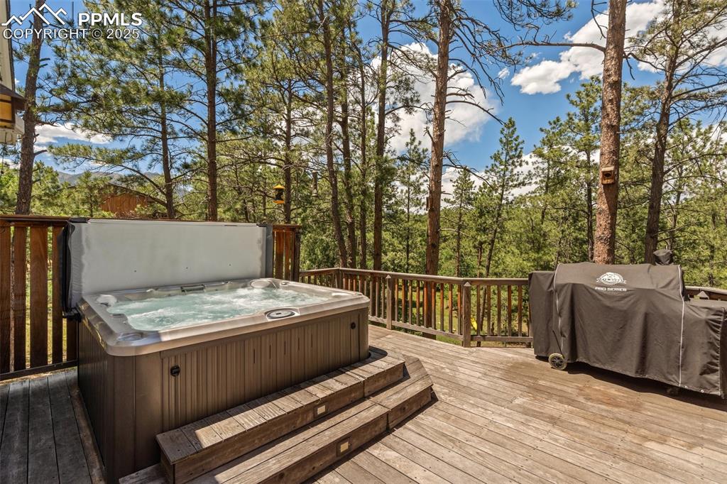 Image 47 of 50: Brazilian hardwood deck featuring a covered hot tub and a grill