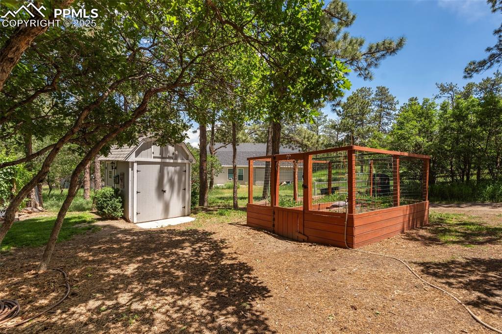 Image 49 of 50: View of yard featuring a garden and a storage shed