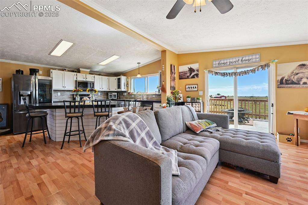 Image 20 of 48: Living area featuring a textured ceiling, crown molding, lofted ceiling, li