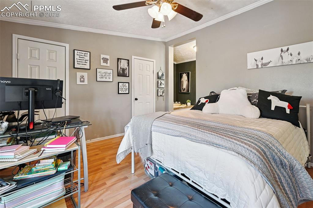 Image 39 of 48: Bedroom with light wood finished floors, crown molding, vaulted ceiling, an
