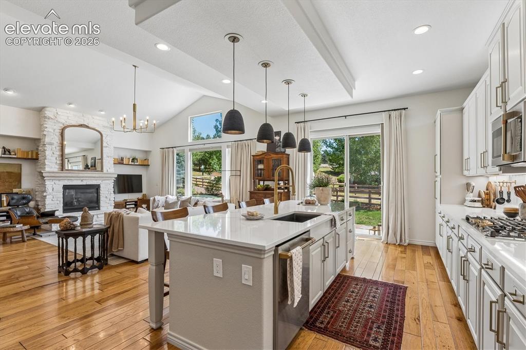 Image 15 of 50: Open-concept living space featuring a gourmet kitchen