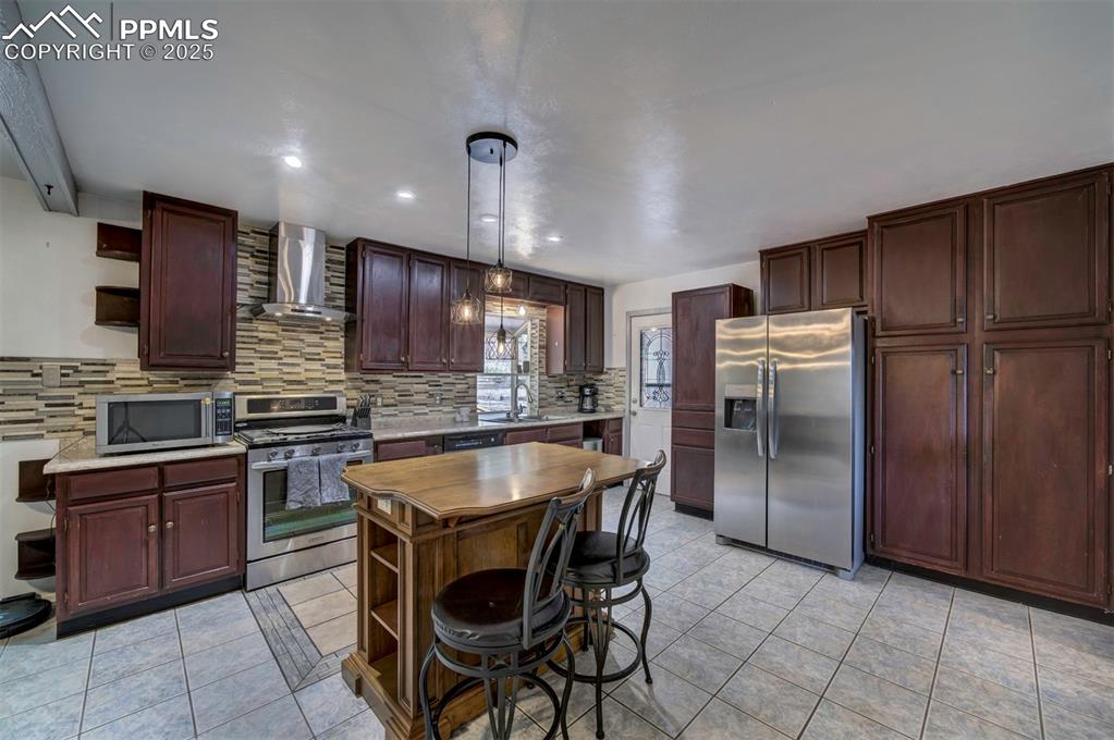 Image 13 of 44: Kitchen featuring open shelves, stainless steel appliances, wall chimney ex
