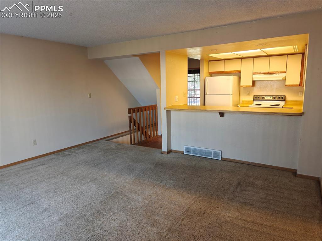 Image 4 of 17: Unfurnished living room with a textured ceiling and carpet flooring