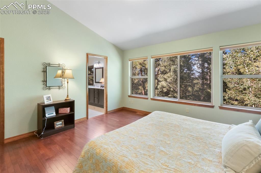 Image 29 of 43: Bedroom with hardwood / wood-style floors, lofted ceiling, and ensuite bath