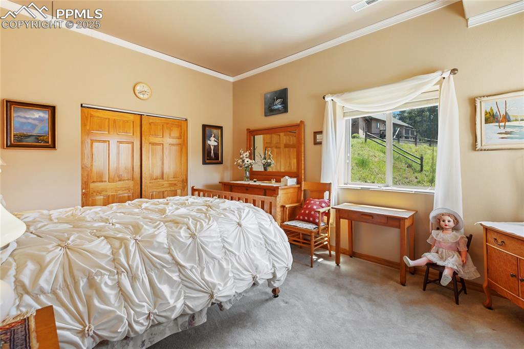 Image 32 of 47: Bedroom featuring crown molding, light colored carpet, and a closet.