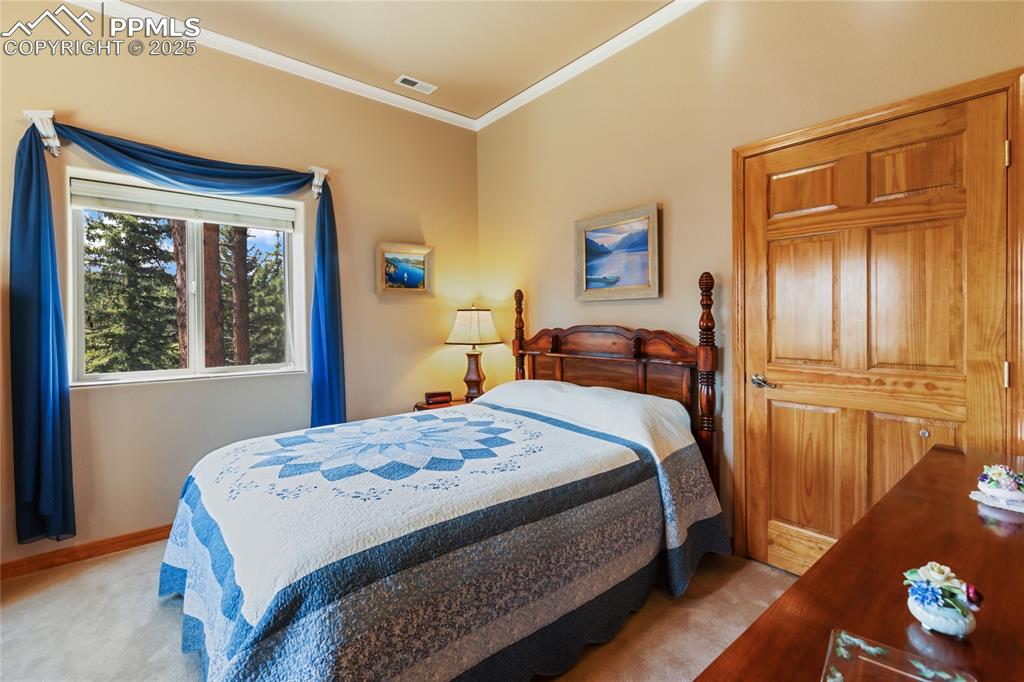 Image 34 of 47: Carpeted bedroom featuring ornamental molding and baseboards.