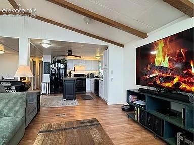 Image 16 of 34: Open-concept living space with vaulted ceilings and exposed wood beams