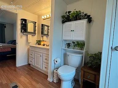 Image 27 of 34: Bathroom featuring wood-finish flooring, a white vanity with cabinet storag
