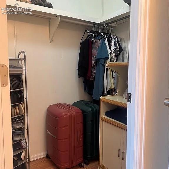 Image 28 of 34: Walk-in closet featuring a built-in shelving unit, clothing rod, and wood-f