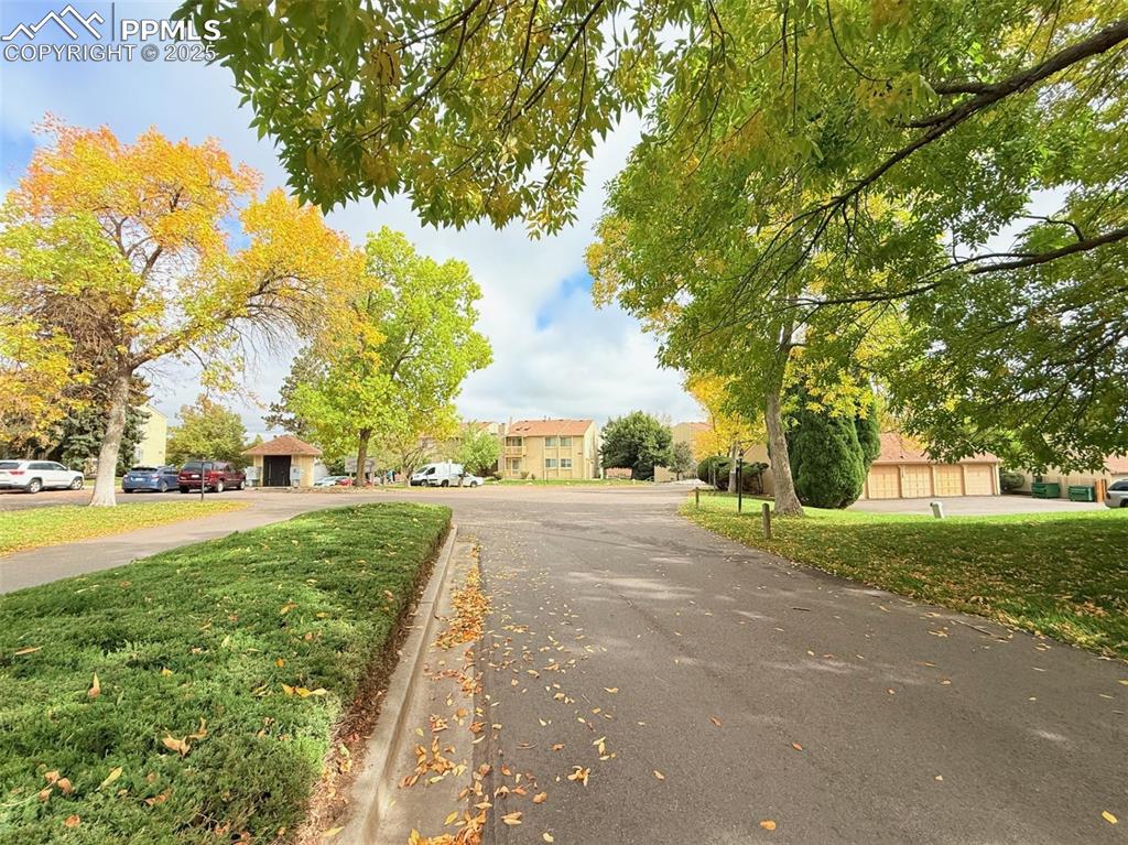 Image 35 of 35: View of asphalt road with street lighting and curbs