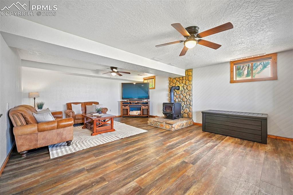 Image 19 of 34: Lower Level Living Room with wood burning stove