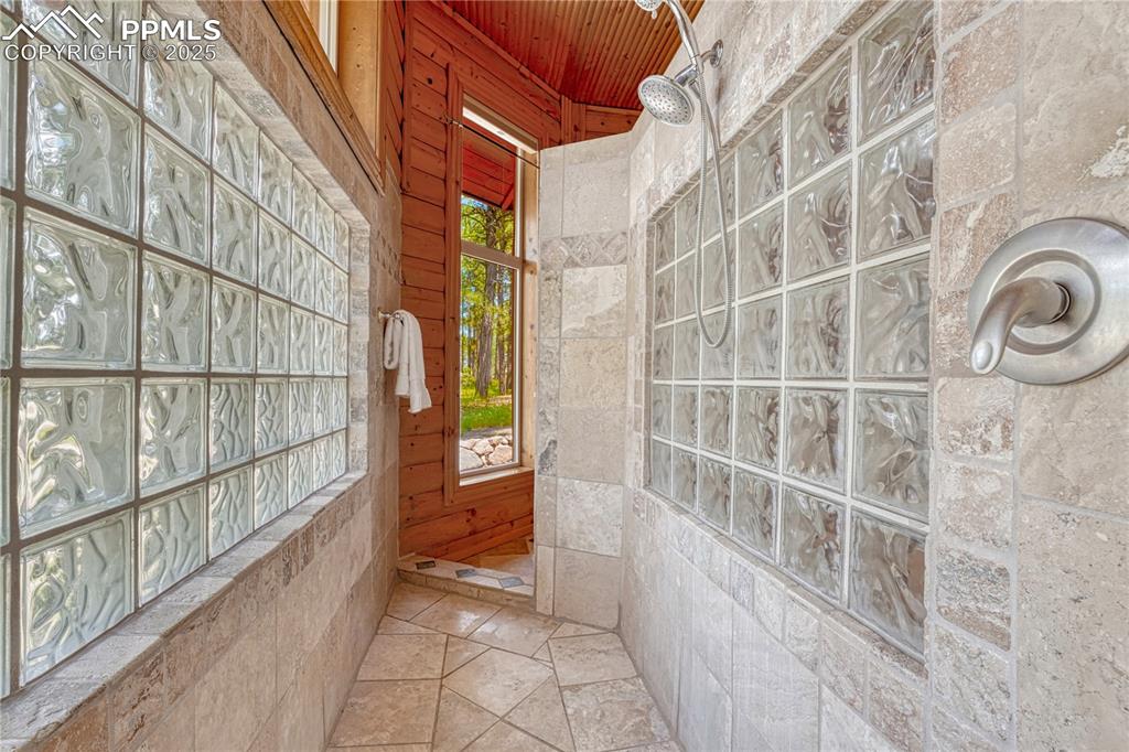 Image 27 of 50: Large walk-through shower with glass blocks letting light in and maintainin