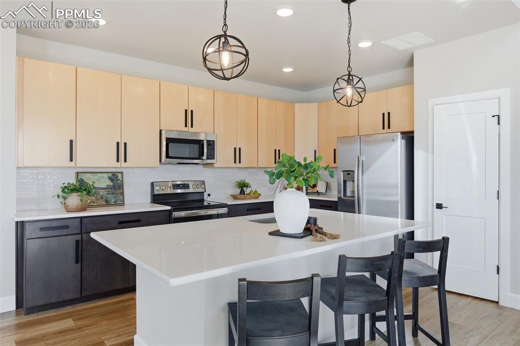 Image 14 of 47: Kitchen with light wood finish cabinetry, stainless steel appliances, decor