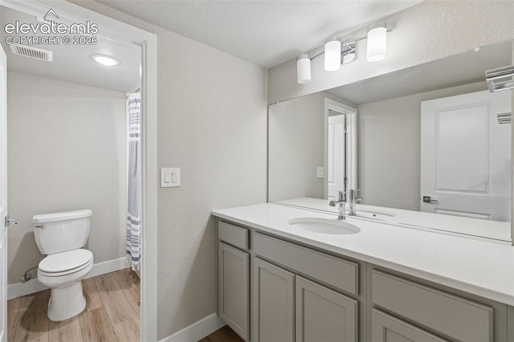 Image 24 of 40: Vanity featuring light gray cabinetry, a white countertop with an integrate