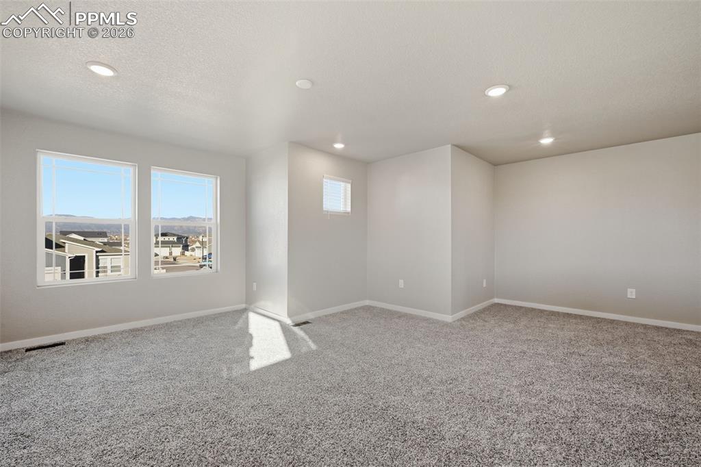 Image 20 of 48: Unfurnished room with carpet flooring, a textured ceiling, and recessed lig