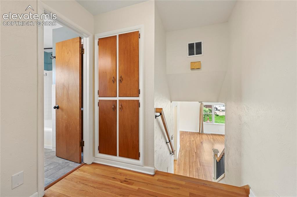 Image 20 of 50: Upper Level Hallway (Looking From Bedrooms to Bathroom & Stairs)