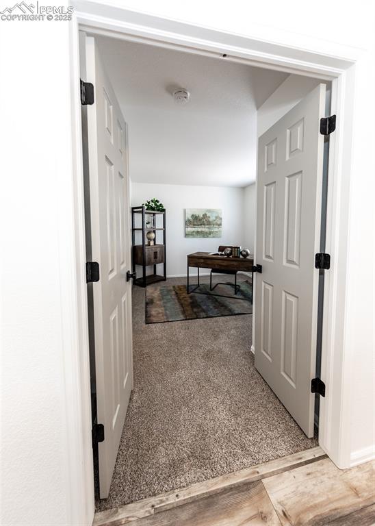 Image 21 of 50: Hall with baseboards and carpet flooring
