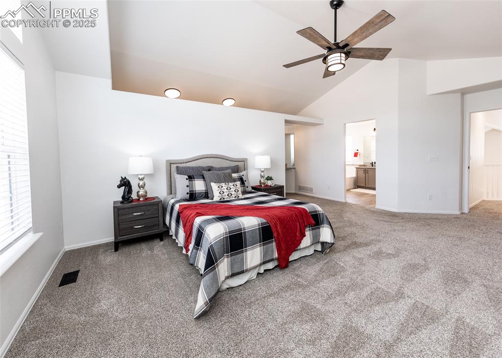 Image 32 of 50: Carpeted bedroom with baseboards, high vaulted ceiling, connected bathroom,