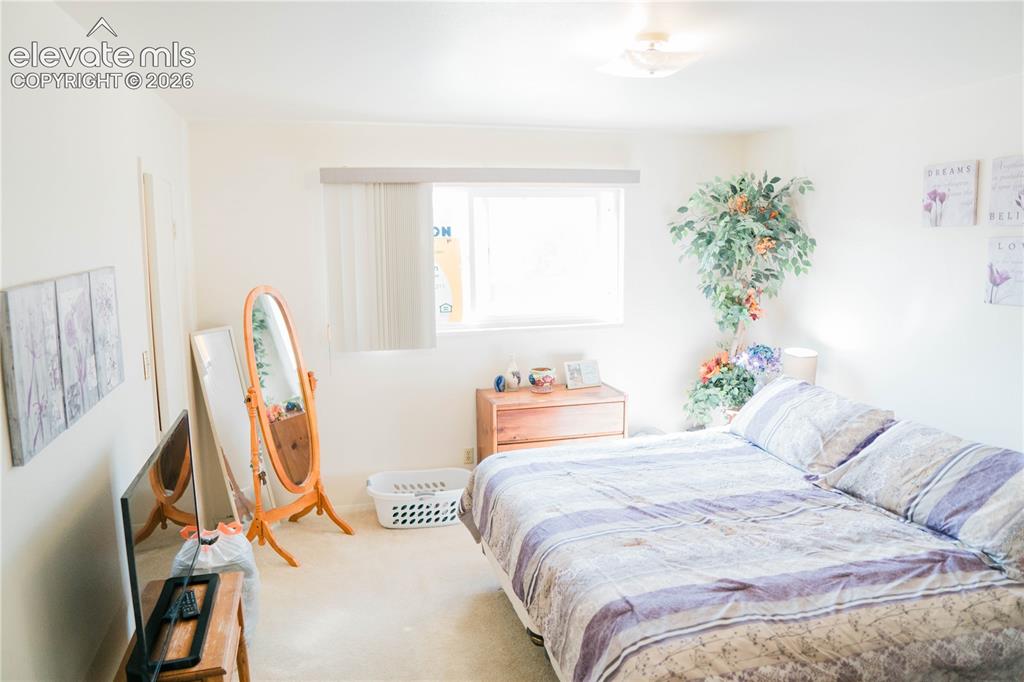 Image 4 of 23: Neutral wall color, wall-to-wall carpeting, window with blinds, and flush m