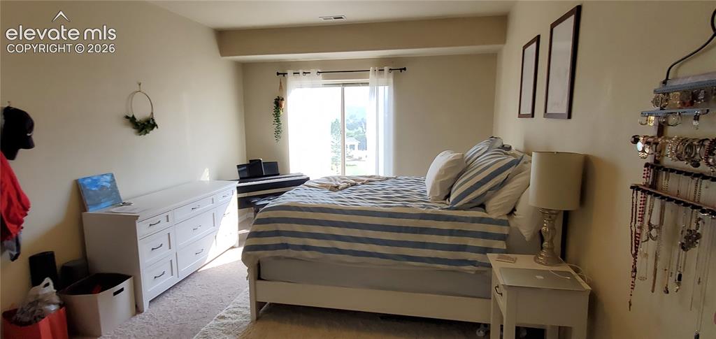 Image 9 of 20: Plush carpeting, light neutral wall tones, and a sliding glass door with sh