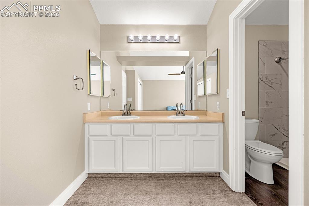 Image 20 of 28: Full bathroom with double vanity, a shower, and light colored carpet