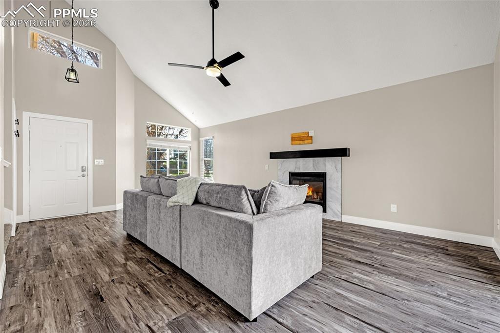 Image 6 of 28: Living room featuring ceiling fan, wood finished floors, a premium fireplac