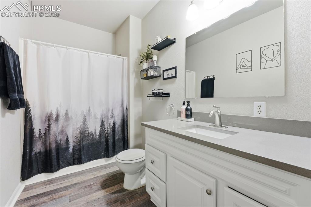 Image 16 of 41: Bathroom featuring vanity and dark wood finished floors
